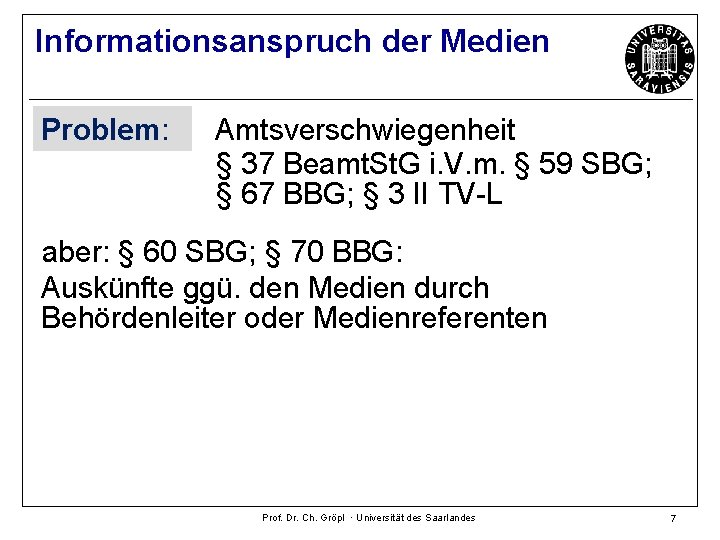 Informationsanspruch der Medien Problem: Amtsverschwiegenheit § 37 Beamt. St. G i. V. m. §