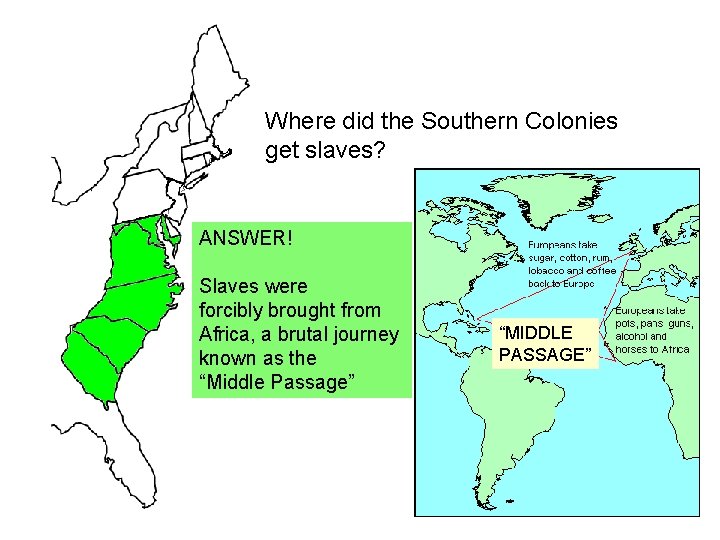 Where did the Southern Colonies get slaves? ANSWER! Slaves were forcibly brought from Africa,