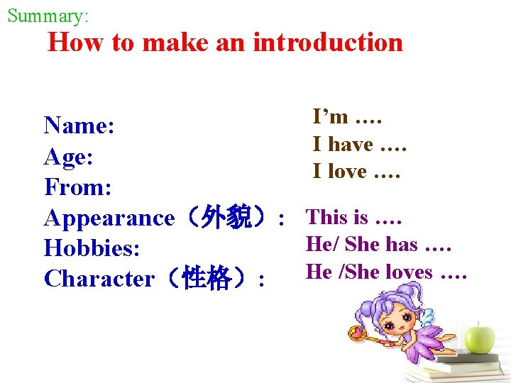 Summary: How to make an introduction I’m …. I have …. I love ….