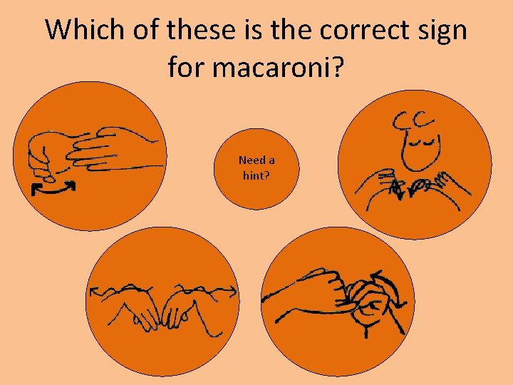 Which of these is the correct sign for macaroni? Need a hint? 