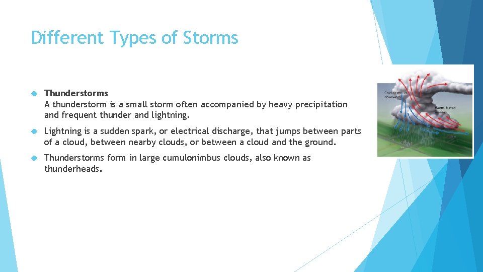 Different Types of Storms Thunderstorms A thunderstorm is a small storm often accompanied by