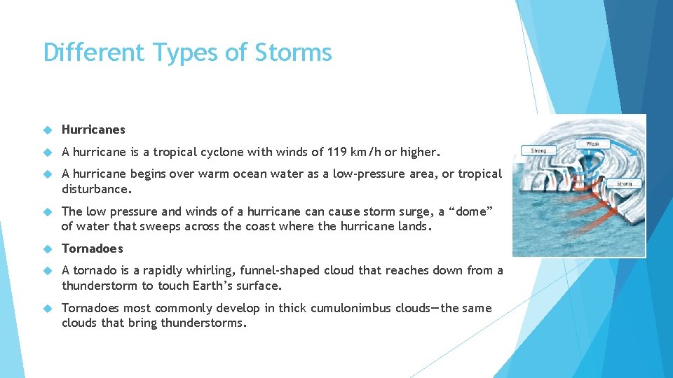 Different Types of Storms Hurricanes A hurricane is a tropical cyclone with winds of