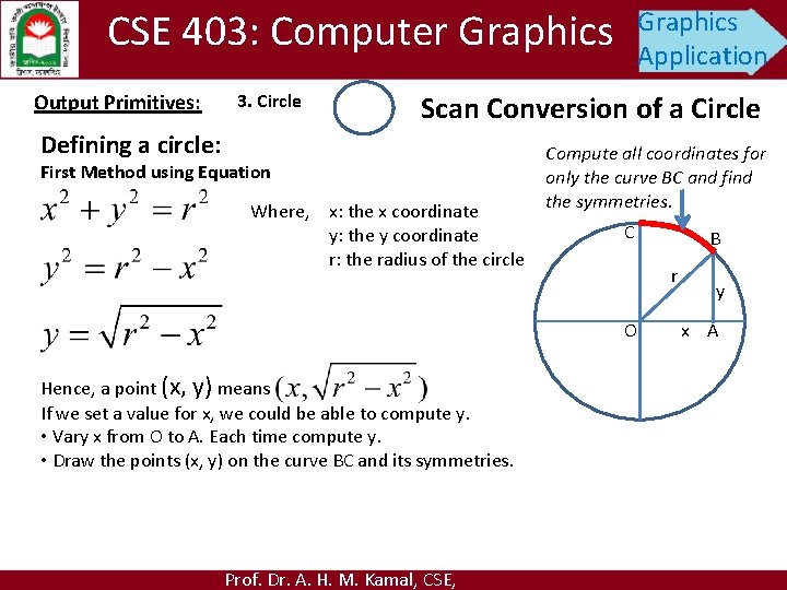 CSE 403: Computer Graphics Output Primitives: 3. Circle Graphics Application Scan Conversion of a