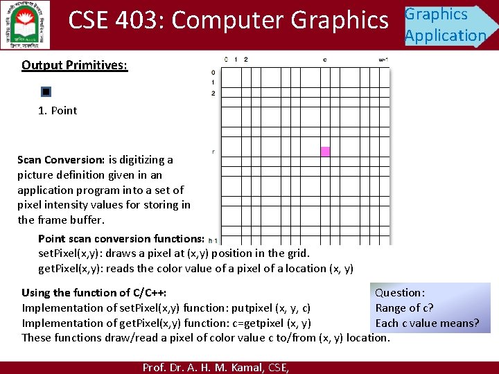 CSE 403: Computer Graphics Application Output Primitives: 1. Point Scan Conversion: is digitizing a