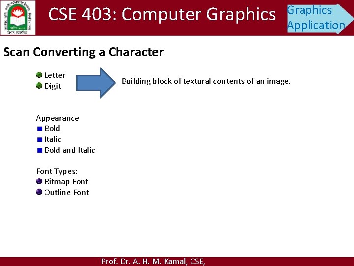 CSE 403: Computer Graphics Application Scan Converting a Character Letter Digit Building block of