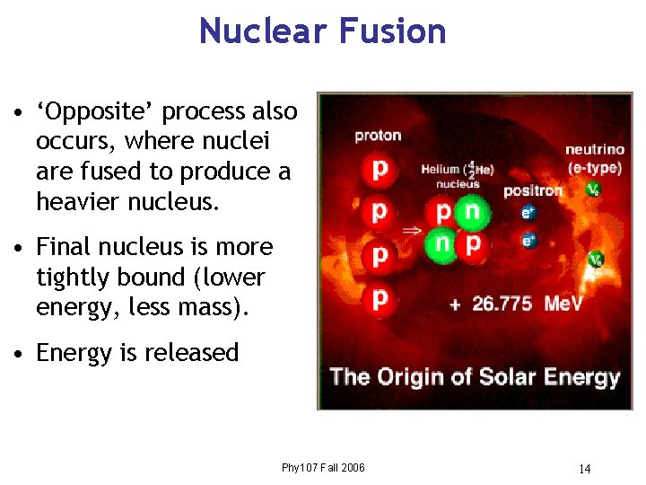 Nuclear Fusion • ‘Opposite’ process also occurs, where nuclei are fused to produce a