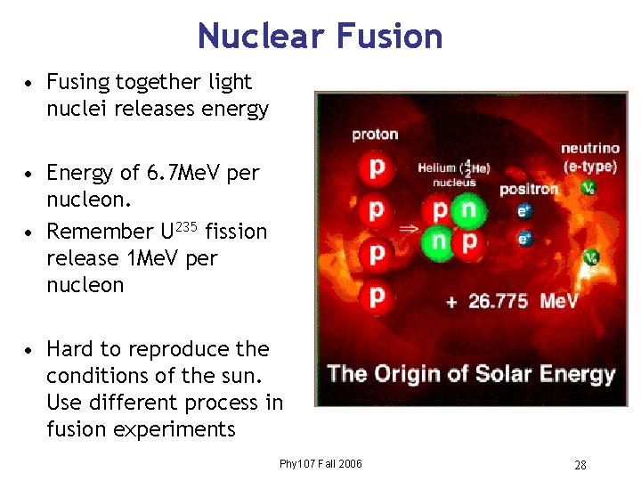 Nuclear Fusion • Fusing together light nuclei releases energy • Energy of 6. 7