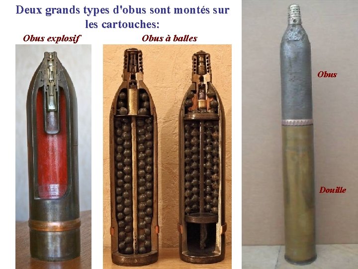 Deux grands types d'obus sont montés sur les cartouches: Obus explosif Obus à balles