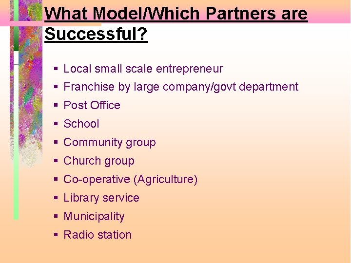 What Model/Which Partners are Successful? Local small scale entrepreneur Franchise by large company/govt department