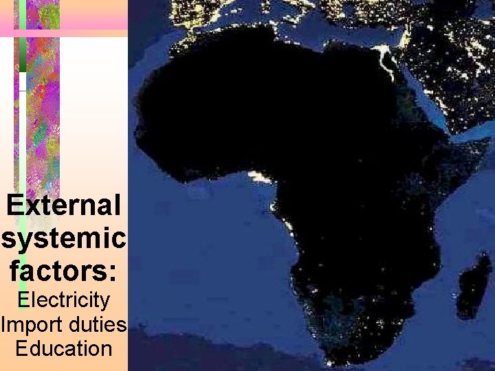 External systemic factors: Electricity Import duties Education 