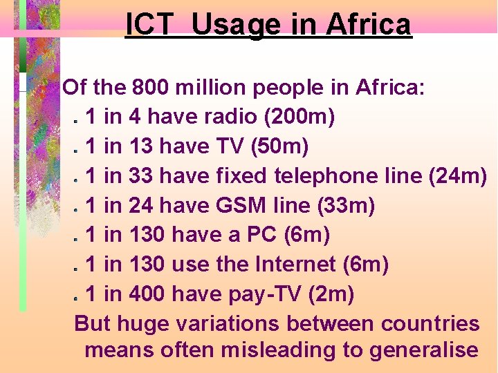 ICT Usage in Africa Of the 800 million people in Africa: 1 in 4