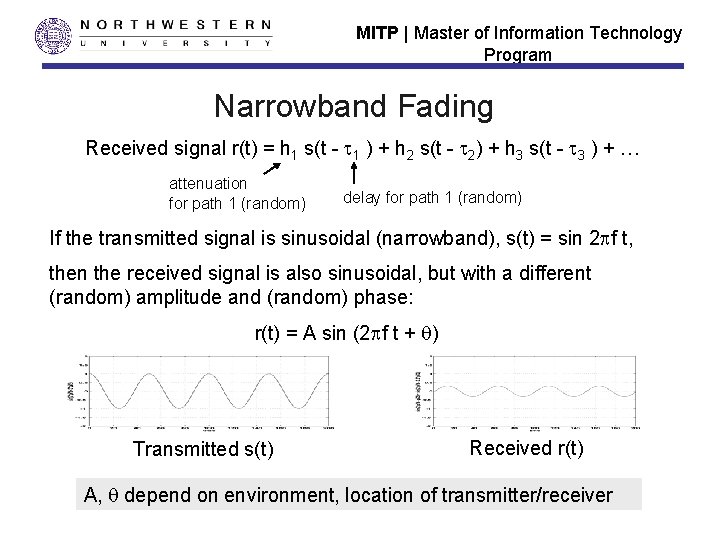 MITP | Master of Information Technology Program Narrowband Fading Received signal r(t) = h