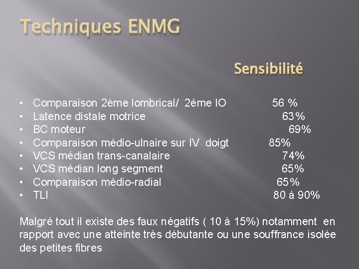 Techniques ENMG Sensibilité • • Comparaison 2ème lombrical/ 2éme IO Latence distale motrice BC