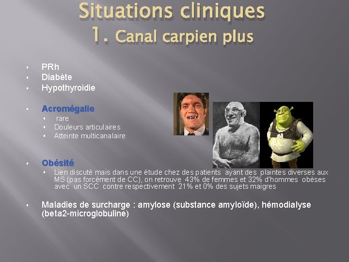 Situations cliniques 1. Canal carpien plus § PRh Diabète Hypothyroidie § Acromégalie § §