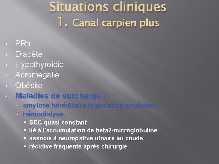 Situations cliniques 1. Canal carpien plus § § § PRh Diabète Hypothyroidie Acromégalie Obésite