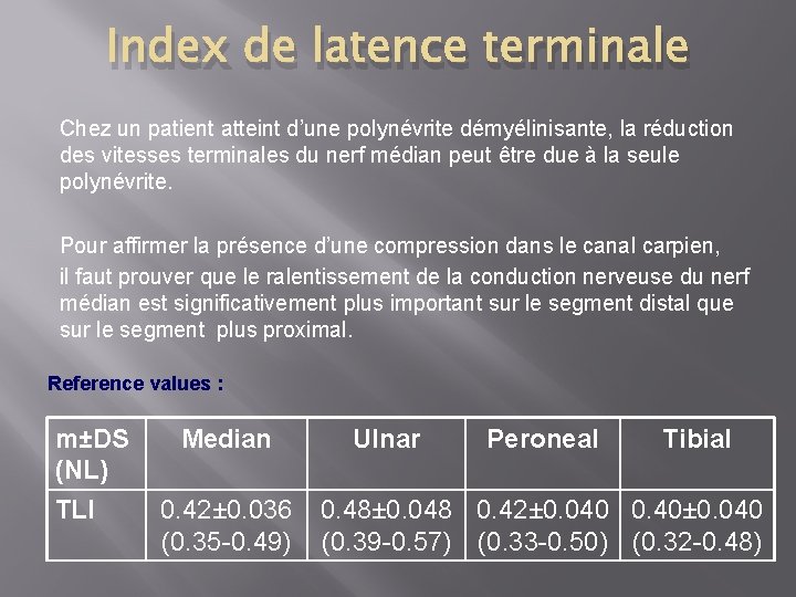 Index de latence terminale Chez un patient atteint d’une polynévrite démyélinisante, la réduction des