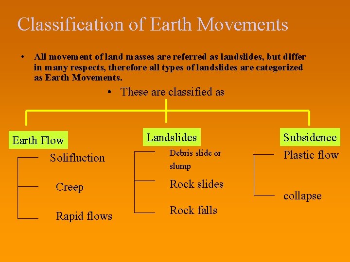 Classification of Earth Movements • All movement of land masses are referred as landslides,