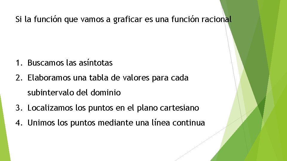 Si la función que vamos a graficar es una función racional 1. Buscamos las