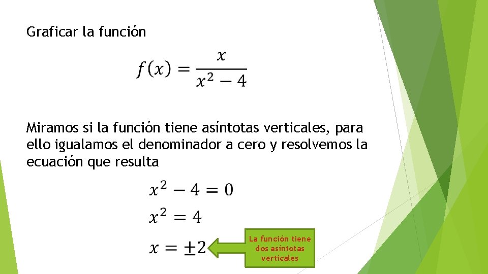 Graficar la función Miramos si la función tiene asíntotas verticales, para ello igualamos el
