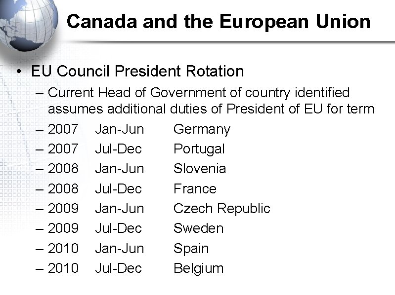 Canada and the European Union • EU Council President Rotation – Current Head of