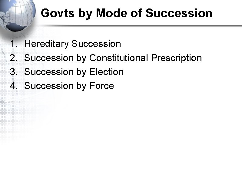 Govts by Mode of Succession 1. 2. 3. 4. Hereditary Succession by Constitutional Prescription