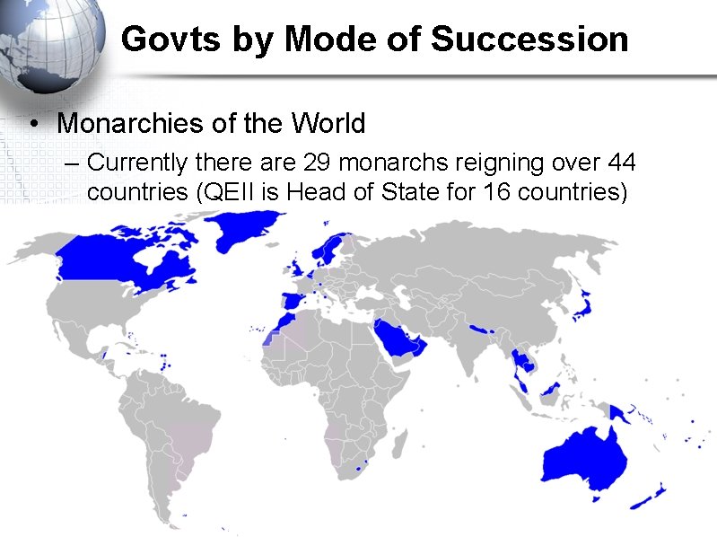 Govts by Mode of Succession • Monarchies of the World – Currently there are