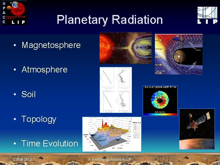 Planetary Radiation • Magnetosphere • Atmosphere • Soil • Topology • Time Evolution 23/04/2012