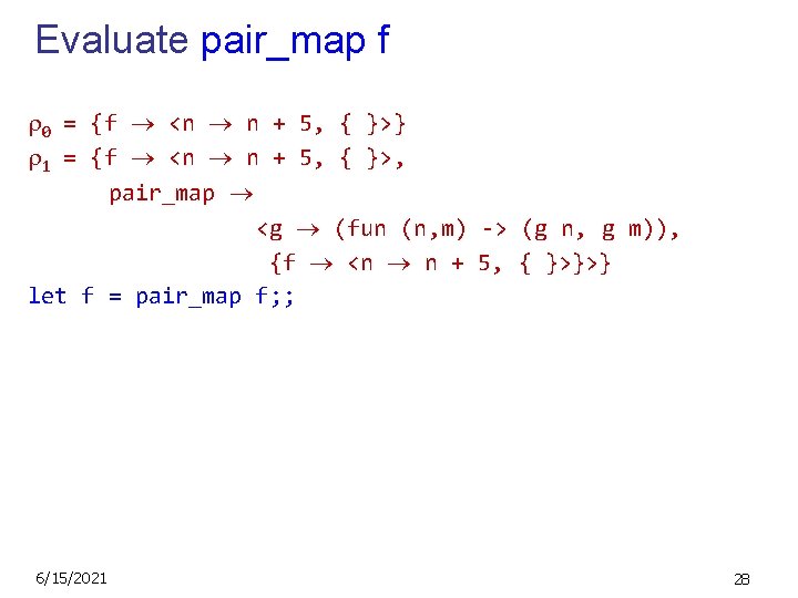 Evaluate pair_map f 0 = {f <n n + 5, { }>} 1 =