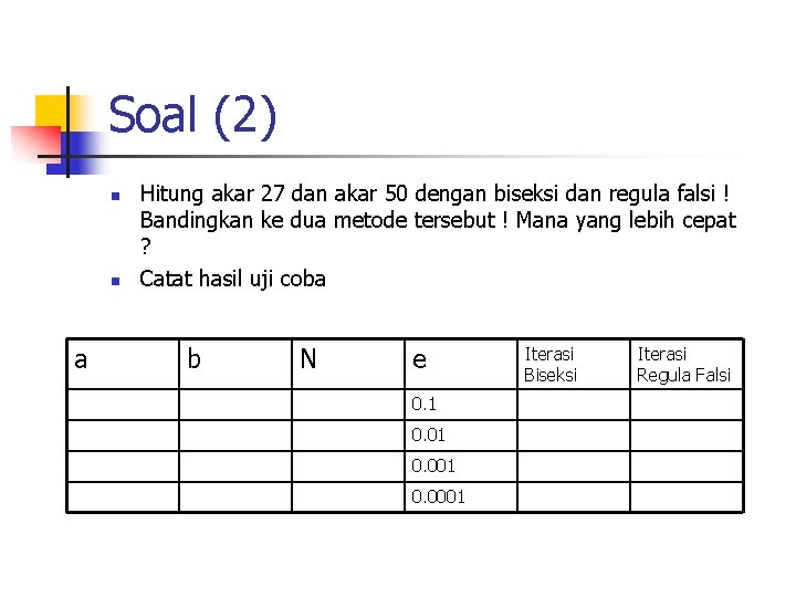 Soal (2) n n a Hitung akar 27 dan akar 50 dengan biseksi dan