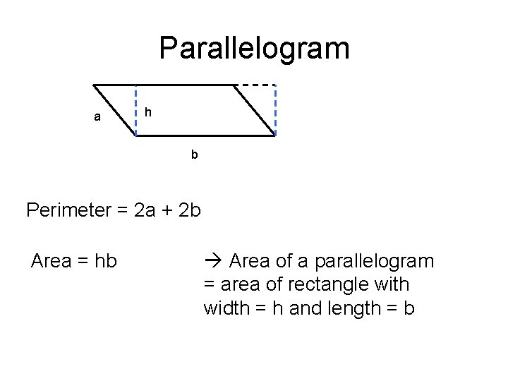 Parallelogram a h b Perimeter = 2 a + 2 b Area = hb