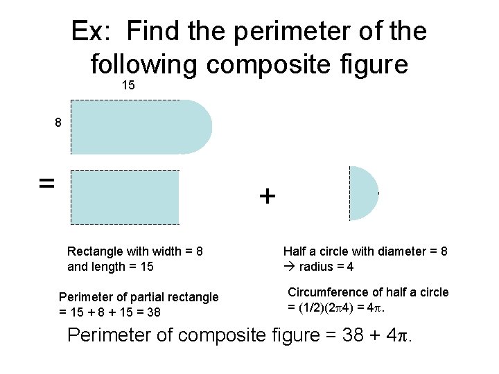 Ex: Find the perimeter of the following composite figure 15 8 = + Rectangle