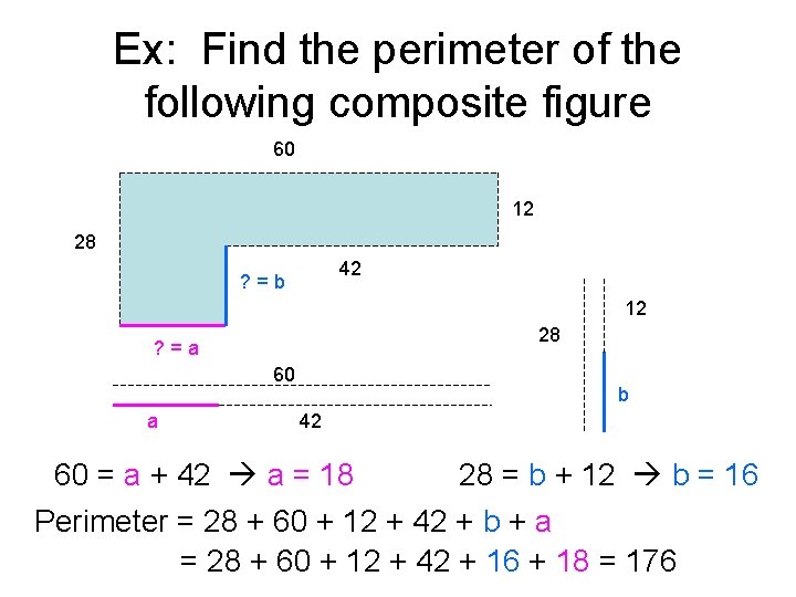 Ex: Find the perimeter of the following composite figure 60 12 28 42 ?