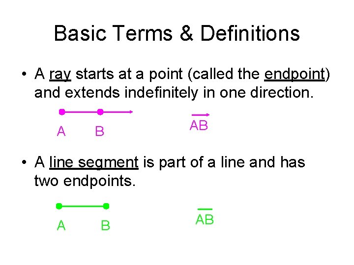 Basic Terms & Definitions • A ray starts at a point (called the endpoint)