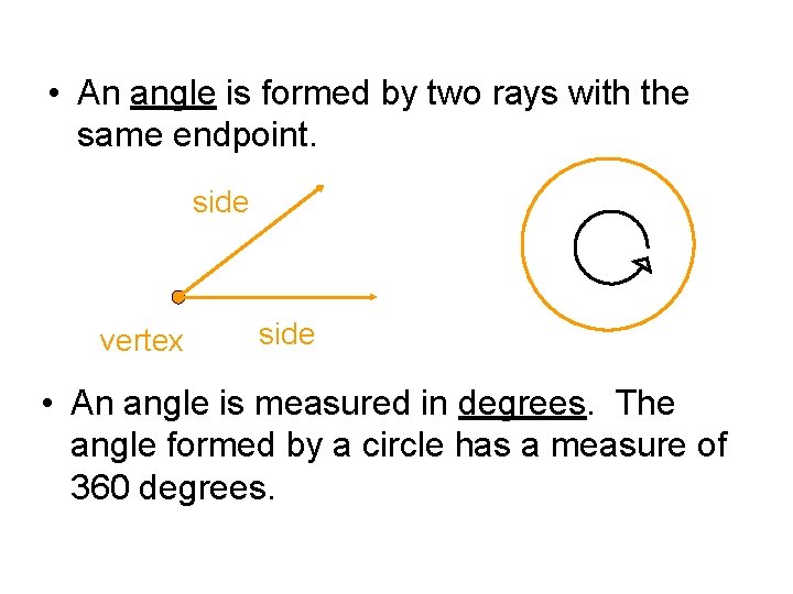  • An angle is formed by two rays with the same endpoint. side