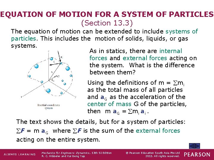 EQUATION OF MOTION FOR A SYSTEM OF PARTICLES (Section 13. 3) The equation of