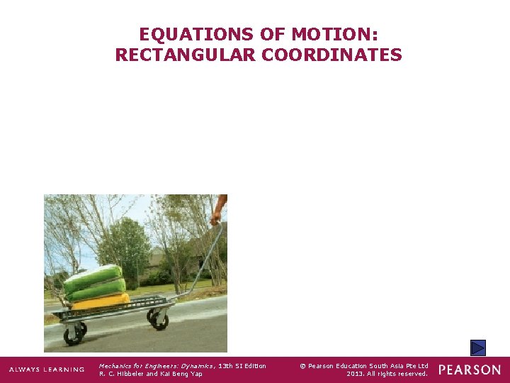 EQUATIONS OF MOTION: RECTANGULAR COORDINATES Mechanics for Engineers: Dynamics , 13 th SI Edition