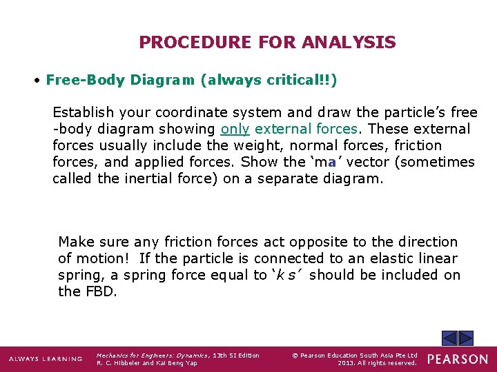 PROCEDURE FOR ANALYSIS • Free-Body Diagram (always critical!!) Establish your coordinate system and draw