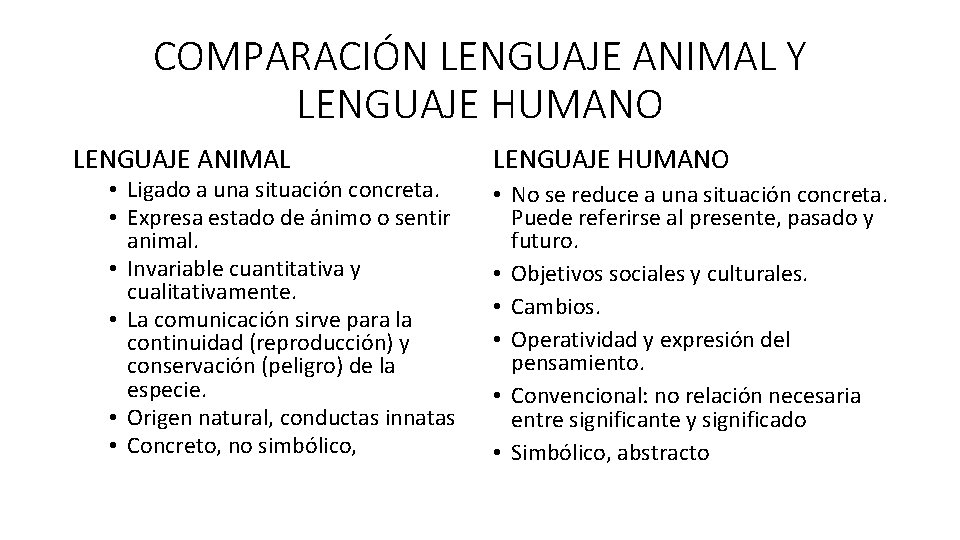 COMPARACIÓN LENGUAJE ANIMAL Y LENGUAJE HUMANO LENGUAJE ANIMAL • Ligado a una situación concreta.