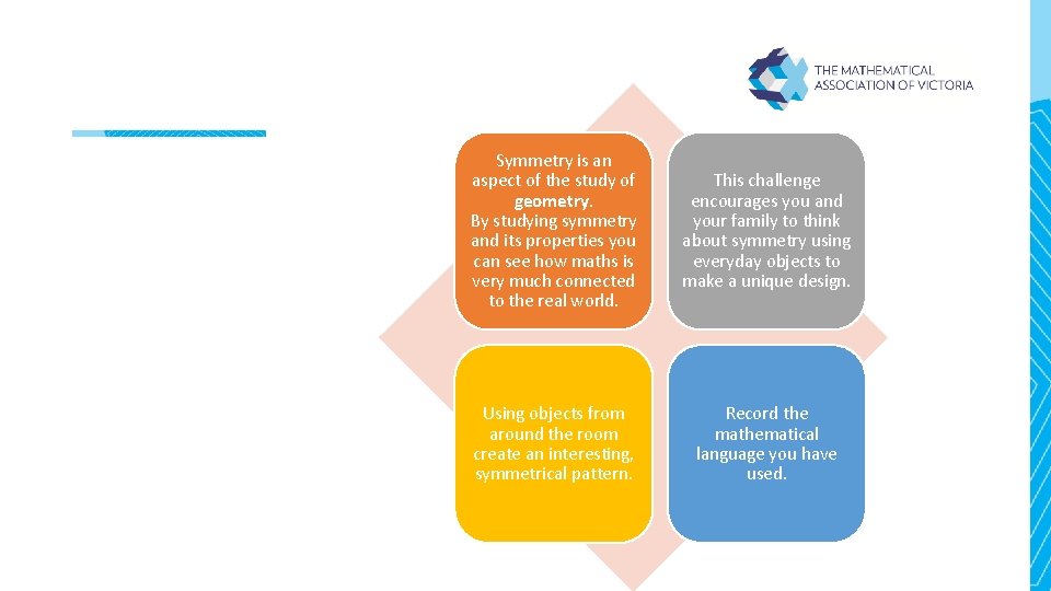 What’s the challenge? Symmetry is an aspect of the study of geometry. By studying What’s the challenge? Symmetry is an aspect of the study of geometry. By studying