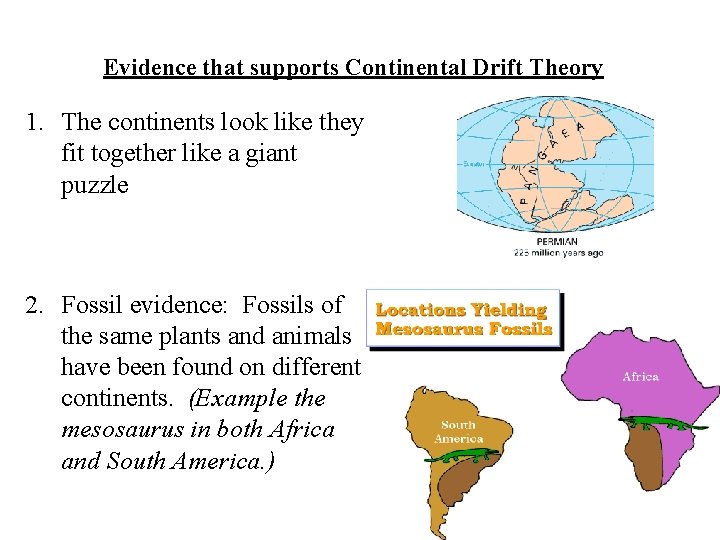Evidence that supports Continental Drift Theory 1. The continents look like they fit together Evidence that supports Continental Drift Theory 1. The continents look like they fit together