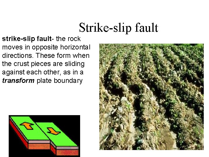 Strike-slip fault strike-slip fault- the rock moves in opposite horizontal directions. These form when Strike-slip fault strike-slip fault- the rock moves in opposite horizontal directions. These form when