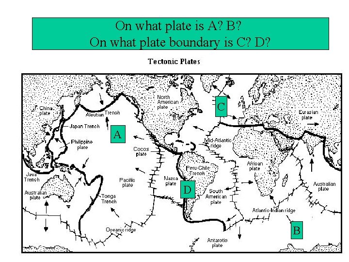 On what plate is A? B? On what plate boundary is C? D? C On what plate is A? B? On what plate boundary is C? D? C