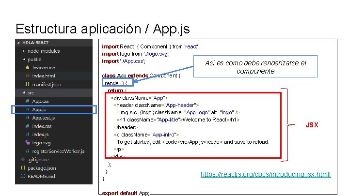 Estructura aplicación / App. js import React, { Component } from 'react'; import logo