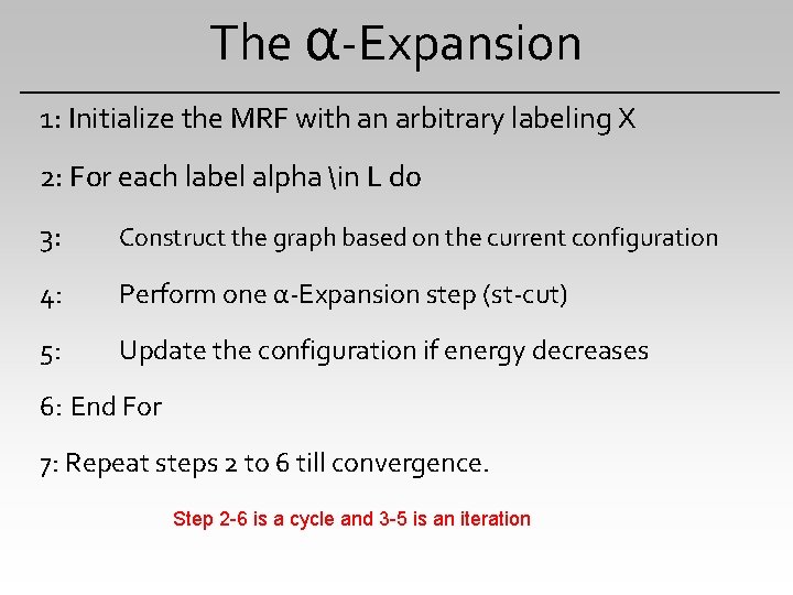 The α-Expansion 1: Initialize the MRF with an arbitrary labeling X 2: For each