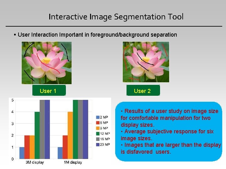 Interactive Image Segmentation Tool User Interaction Important in foreground/background separation User 1 User 2