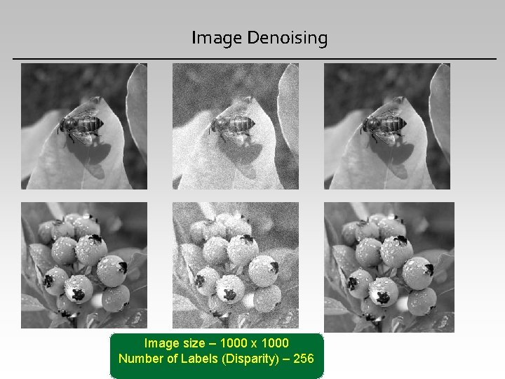 Image Denoising Image size – 1000 x 1000 Number of Labels (Disparity) – 256