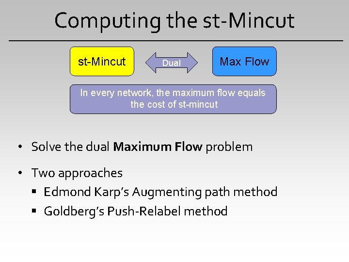 Computing the st-Mincut Dual Max Flow In every network, the maximum flow equals the