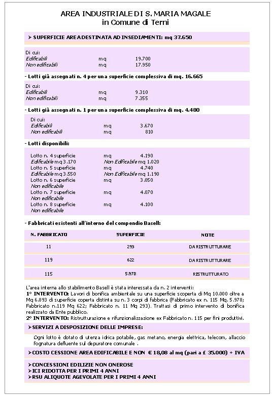 AREA INDUSTRIALE DI S. MARIA MAGALE in Comune di Terni Ø SUPERFICIE AREA DESTINATA