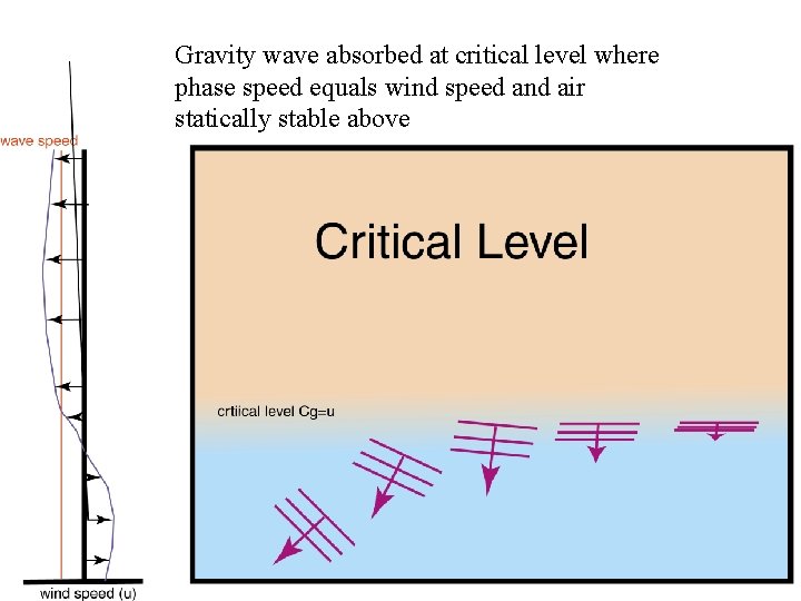 Gravity wave absorbed at critical level where phase speed equals wind speed and air
