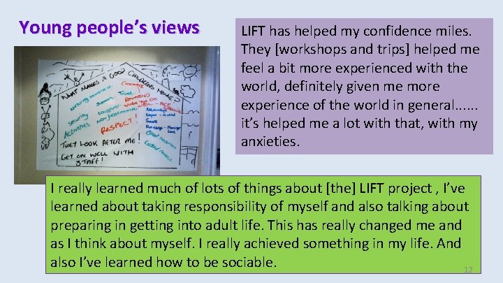 Young people’s views LIFT has helped my confidence miles. They [workshops and trips] helped